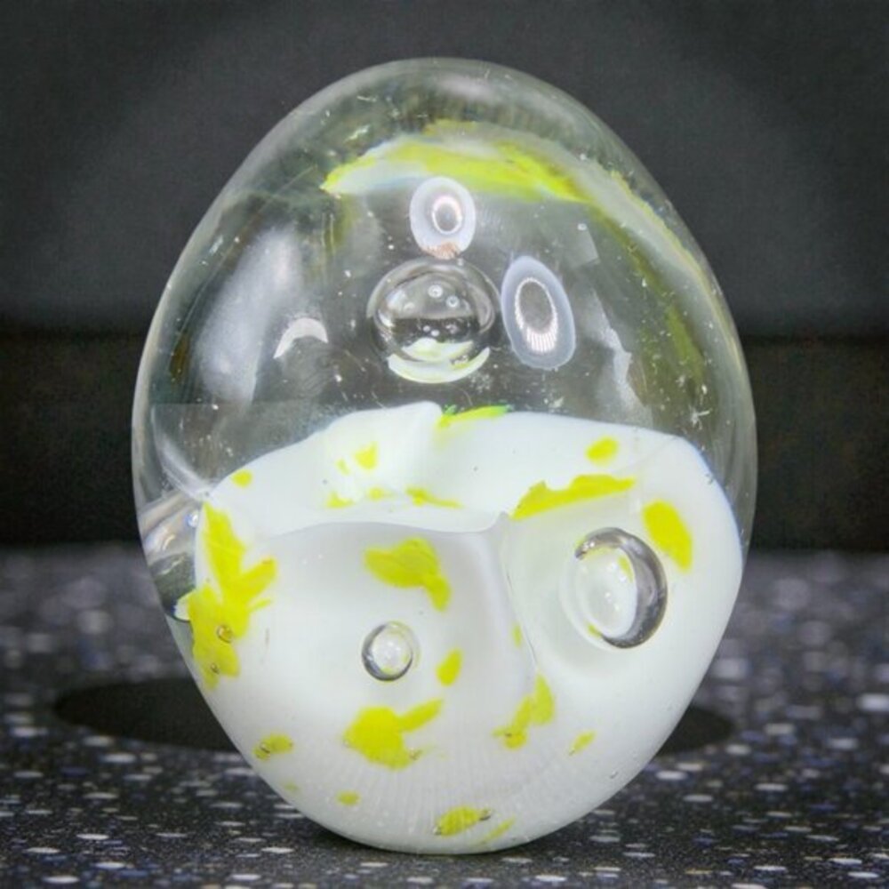 Italian Art Glass Paperweight Large Bubbles White Yellow Inside Glass Figurine